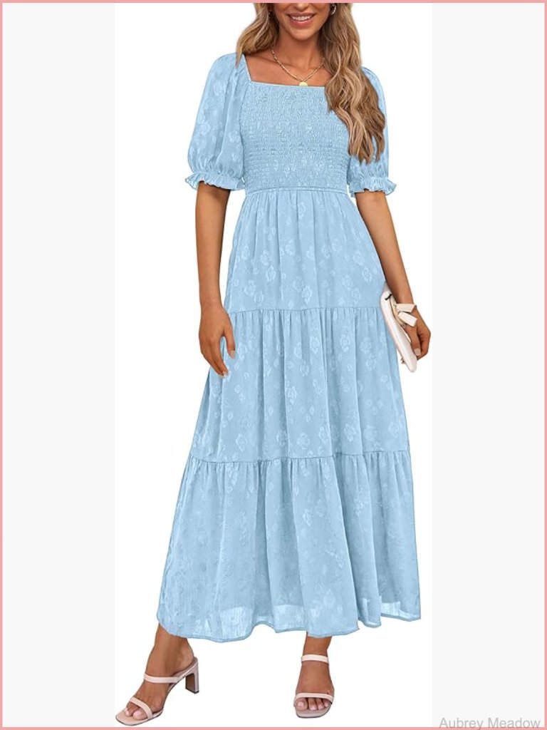 Square Neck Flowy A-Line Midi Dress With Pockets Smocked Boho